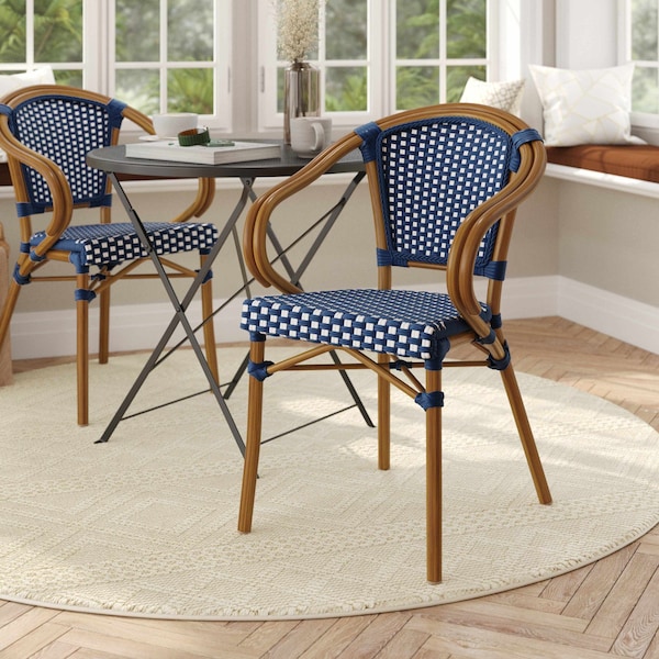 Flash Furniture Bordeaux French Bistro Stacking Chair w/Arms, Navy and White PE Rattan and Bamboo Print Alum Frame SDA-ADS642142-NVYWH-NAT-GG - main